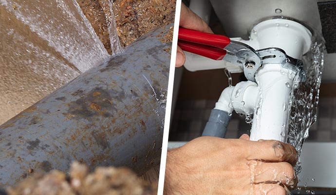 Collage of broken water pipe and plumbing leak