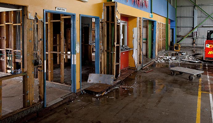 A commercial building with disaster damage