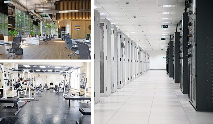 A collage of different commercial buildings