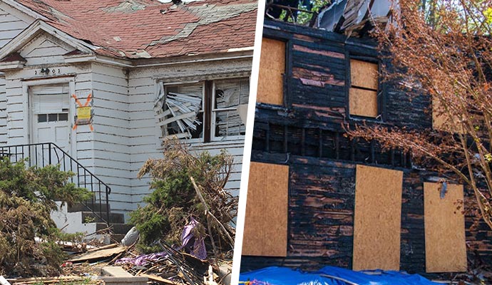 Collage of disaster cleanup and board up service